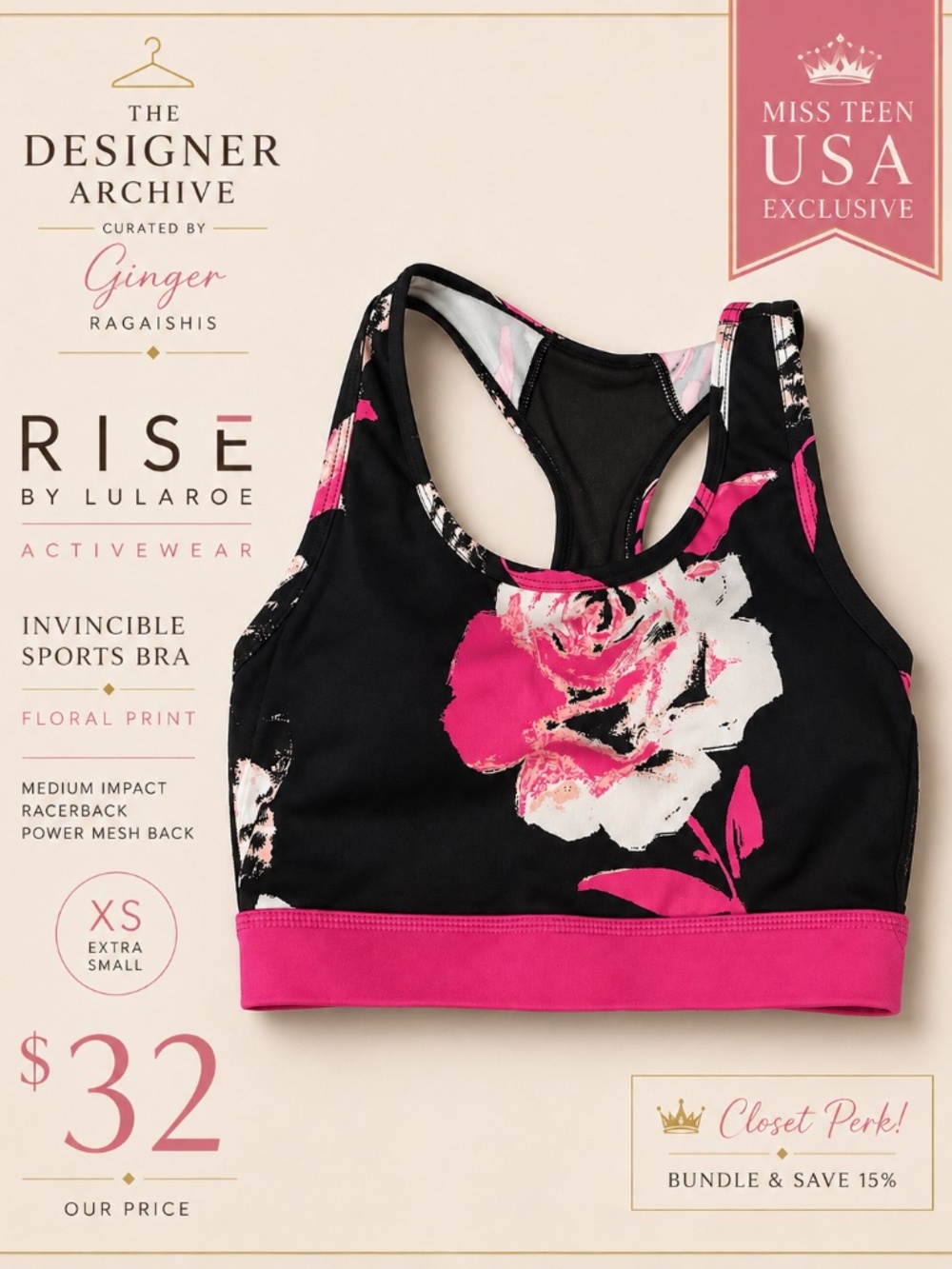 RISE Floral Racerback Sports Bra XS Miss Teen USA Exclusive